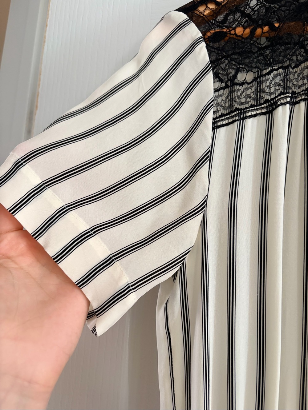 Sandro Cream and Black Striped Midi Dress with Lace Yoke - Picture 5 of 7